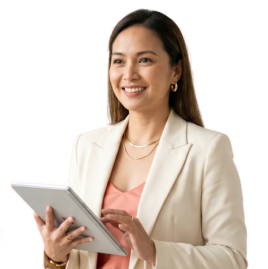 A smiling businesswoman managing payments on a tablet