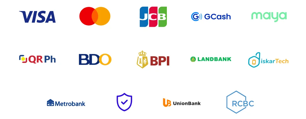 Supported payment methods: Visa, Mastercard, JCB, GCash, Maya, QR Ph, BDO, RPI, LANDBANK